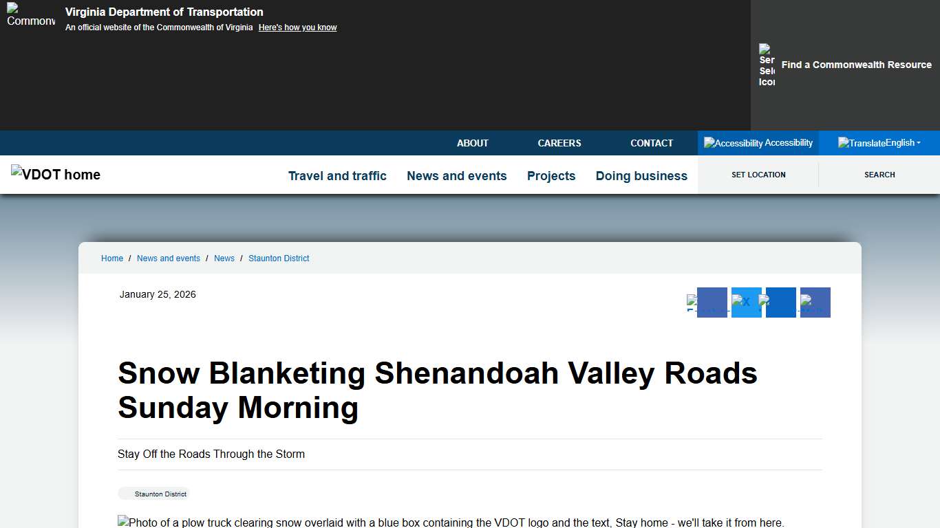 Staunton District Snow Blanketing Shenandoah Valley Roads Sunday Morning Virginia Department of Transportation